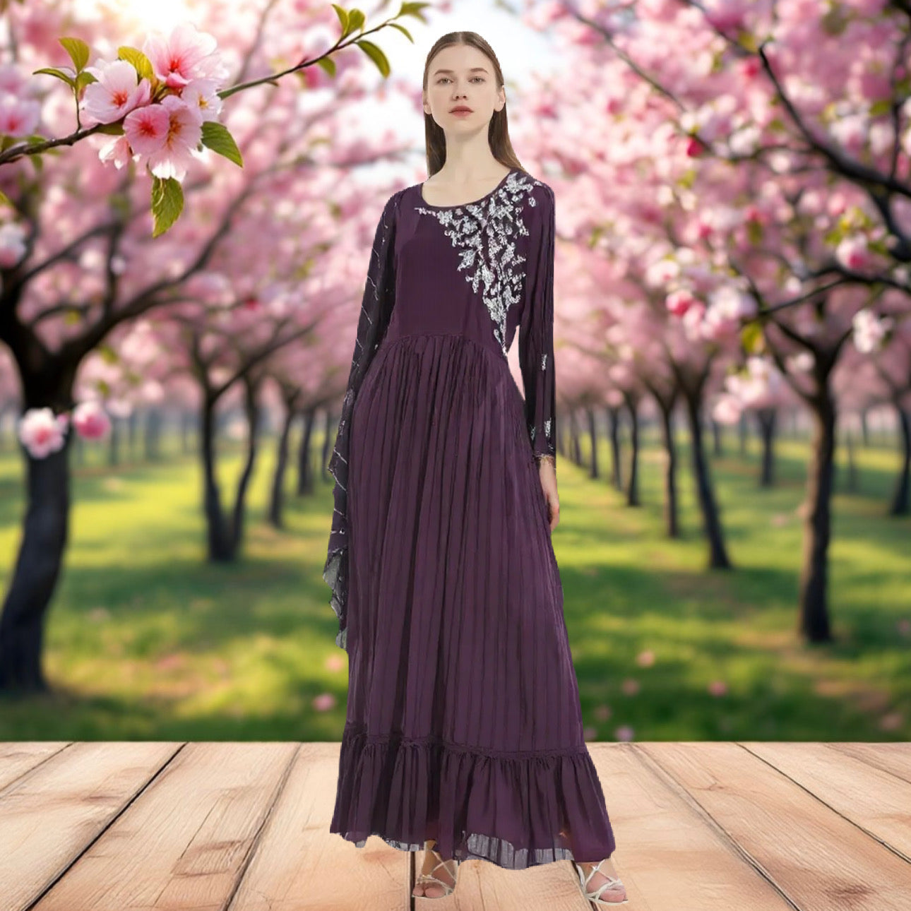 Elegant purple chiffon gown with hand embroidery and sequence