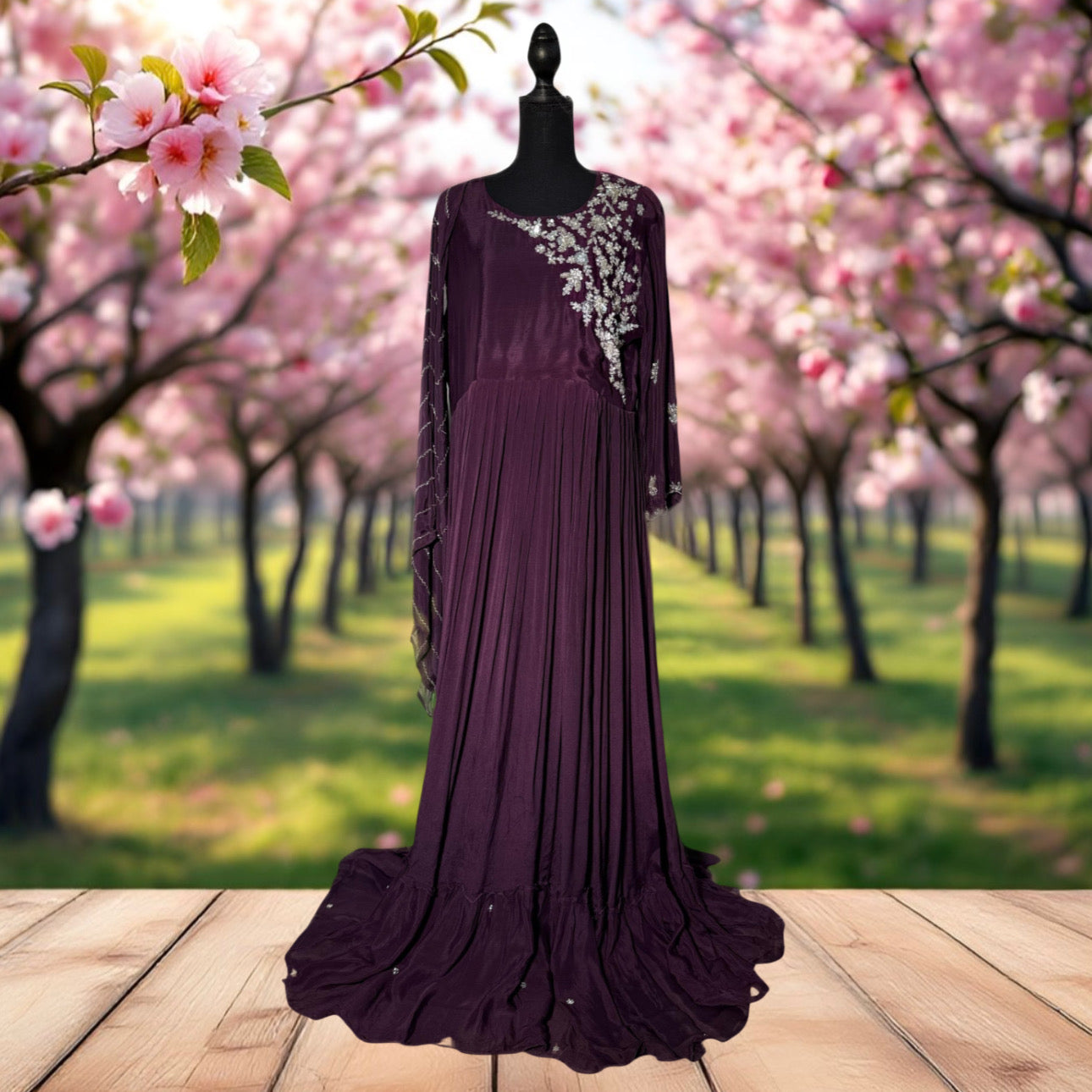 Elegant purple chiffon gown with hand embroidery and sequence