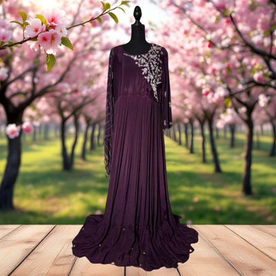 Elegant purple chiffon gown with hand embroidery and sequence