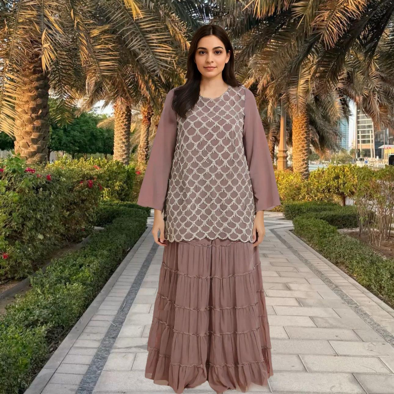 Chiffon full embroidery shirt with palazzo 3 Pcs