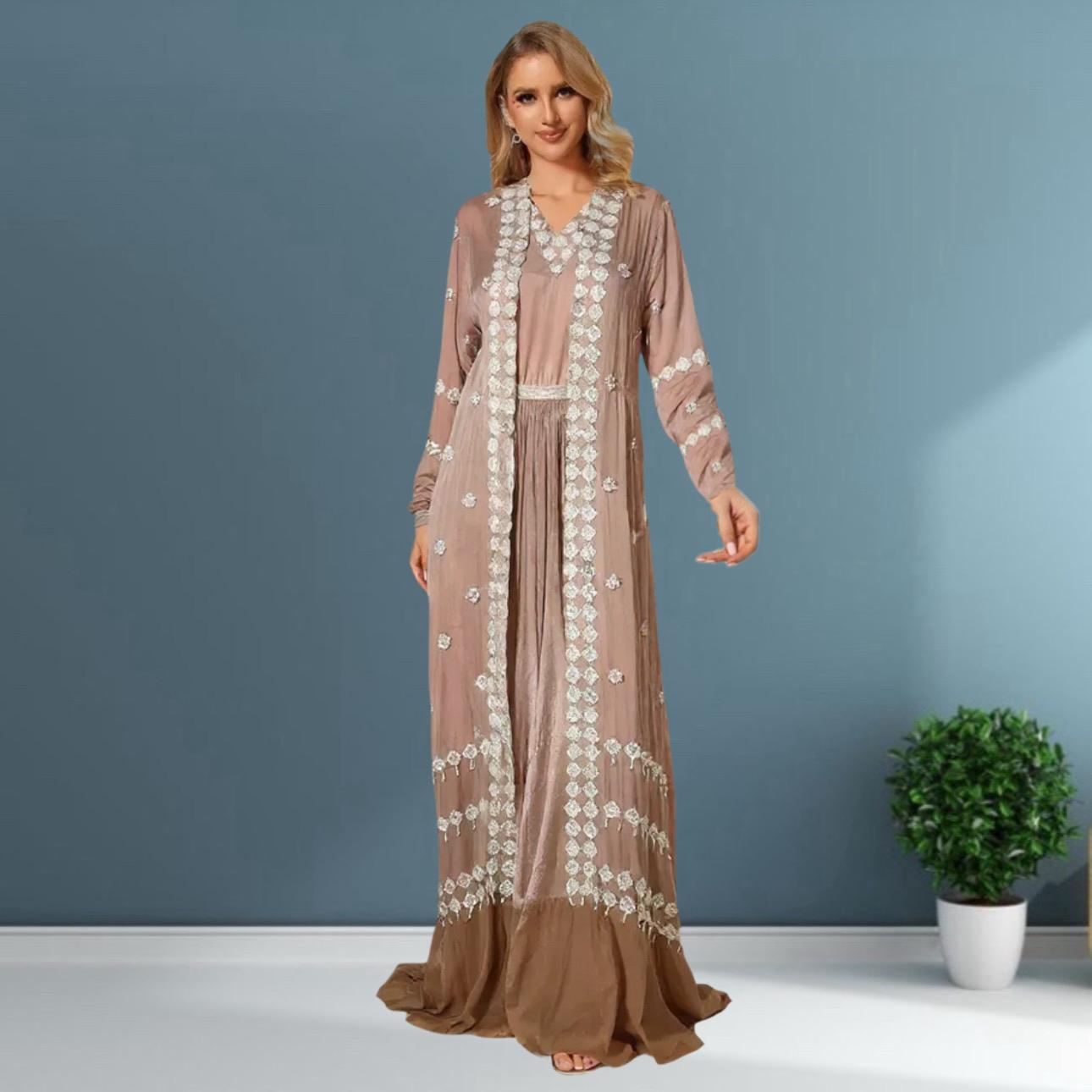 2 piece Dusty skin Chiffon gown with shrug/ handmade work