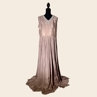 2 piece Dusty skin Chiffon gown with shrug/ handmade work