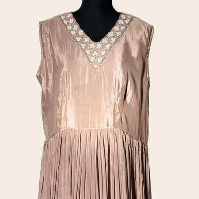 2 piece Dusty skin Chiffon gown with shrug/ handmade work