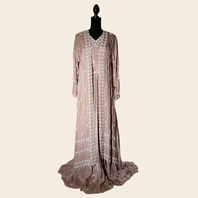2 piece Dusty skin Chiffon gown with shrug/ handmade work