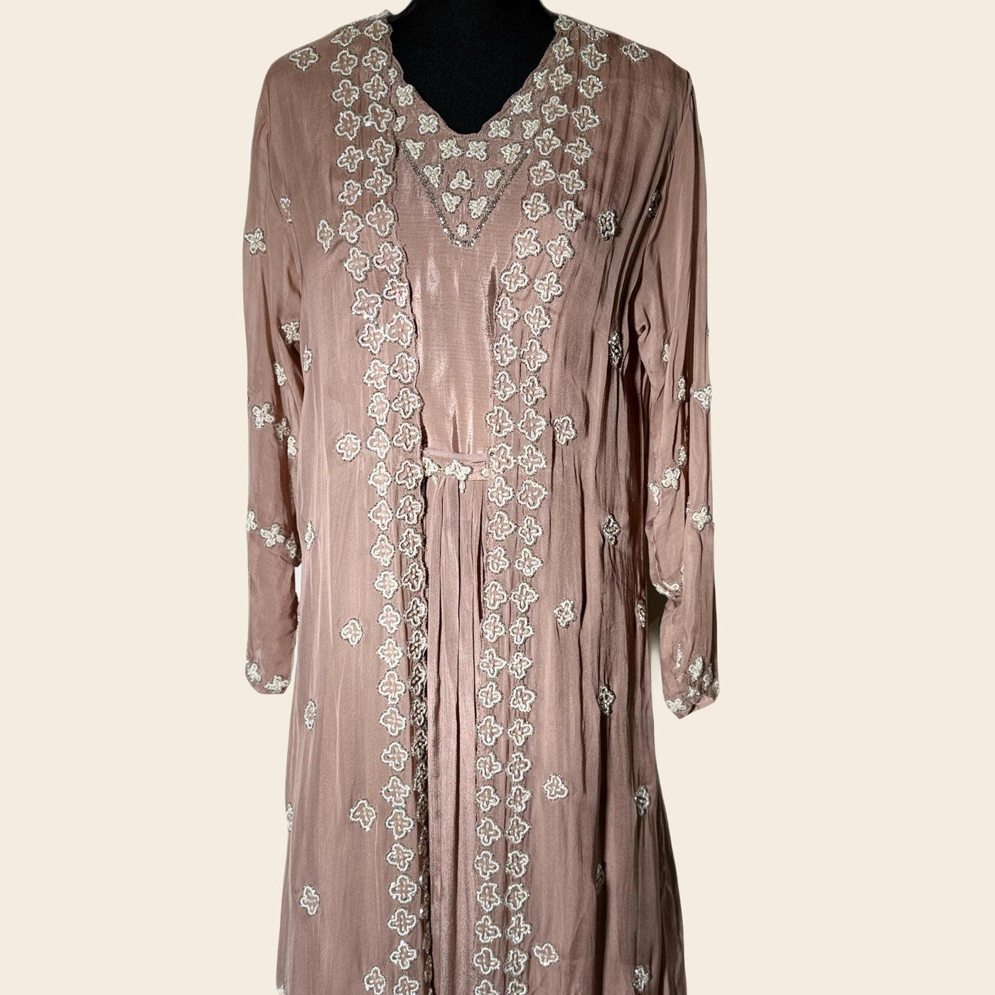 2 piece Dusty skin Chiffon gown with shrug/ handmade work