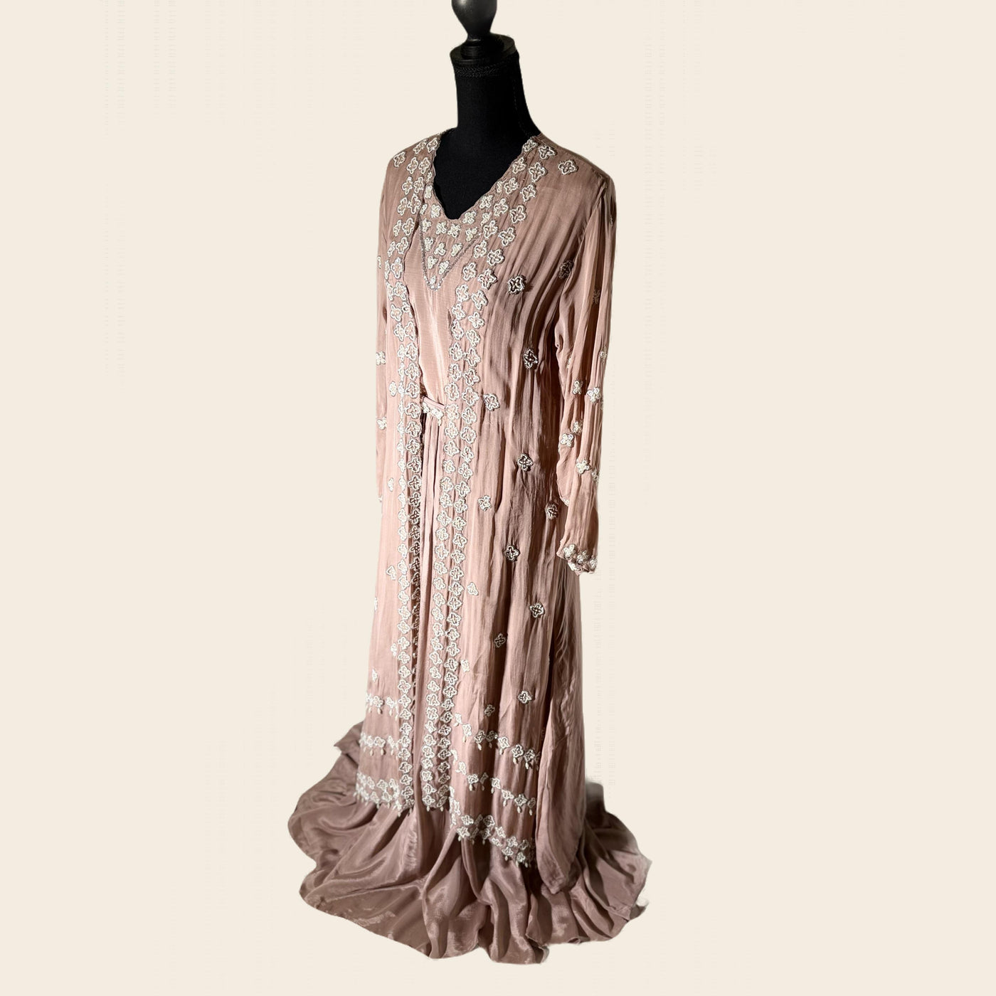 2 piece Dusty skin Chiffon gown with shrug/ handmade work