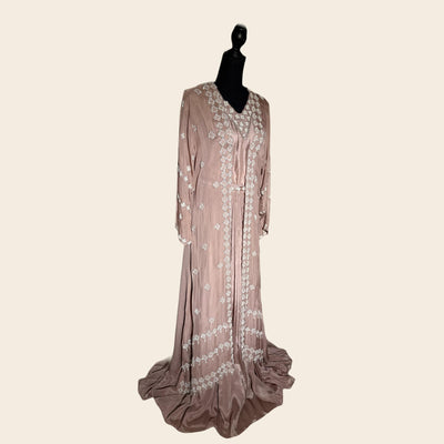 2 piece Dusty skin Chiffon gown with shrug/ handmade work