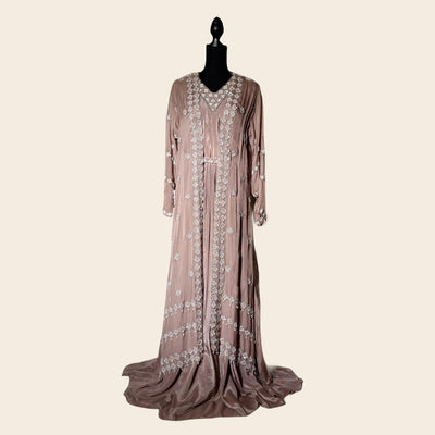 2 piece Dusty skin Chiffon gown with shrug/ handmade work