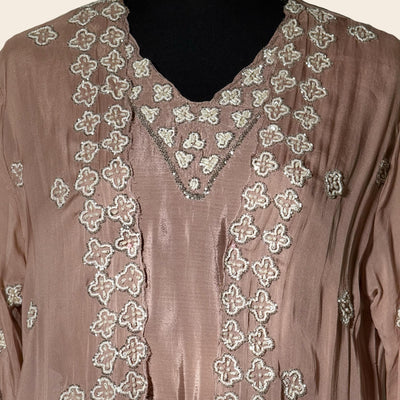 2 piece Dusty skin Chiffon gown with shrug/ handmade work