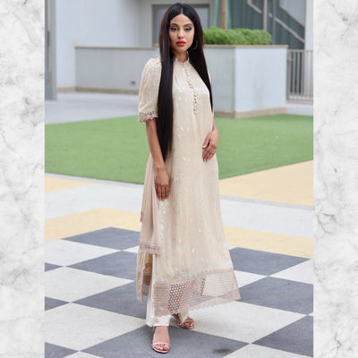 Echo Beige Satin kurta style Stitched 3 Pcs