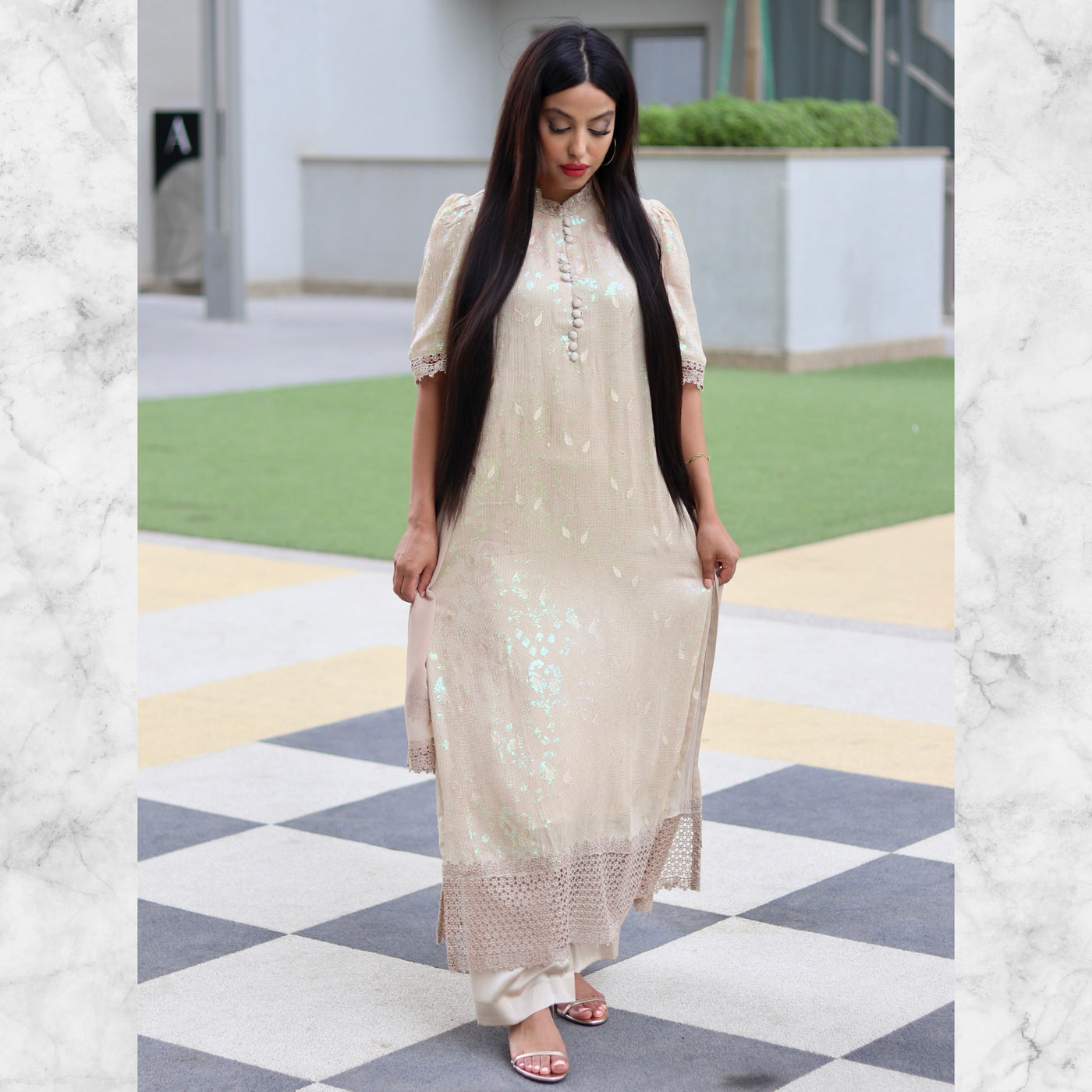 Echo Beige Satin kurta style Stitched 3 Pcs