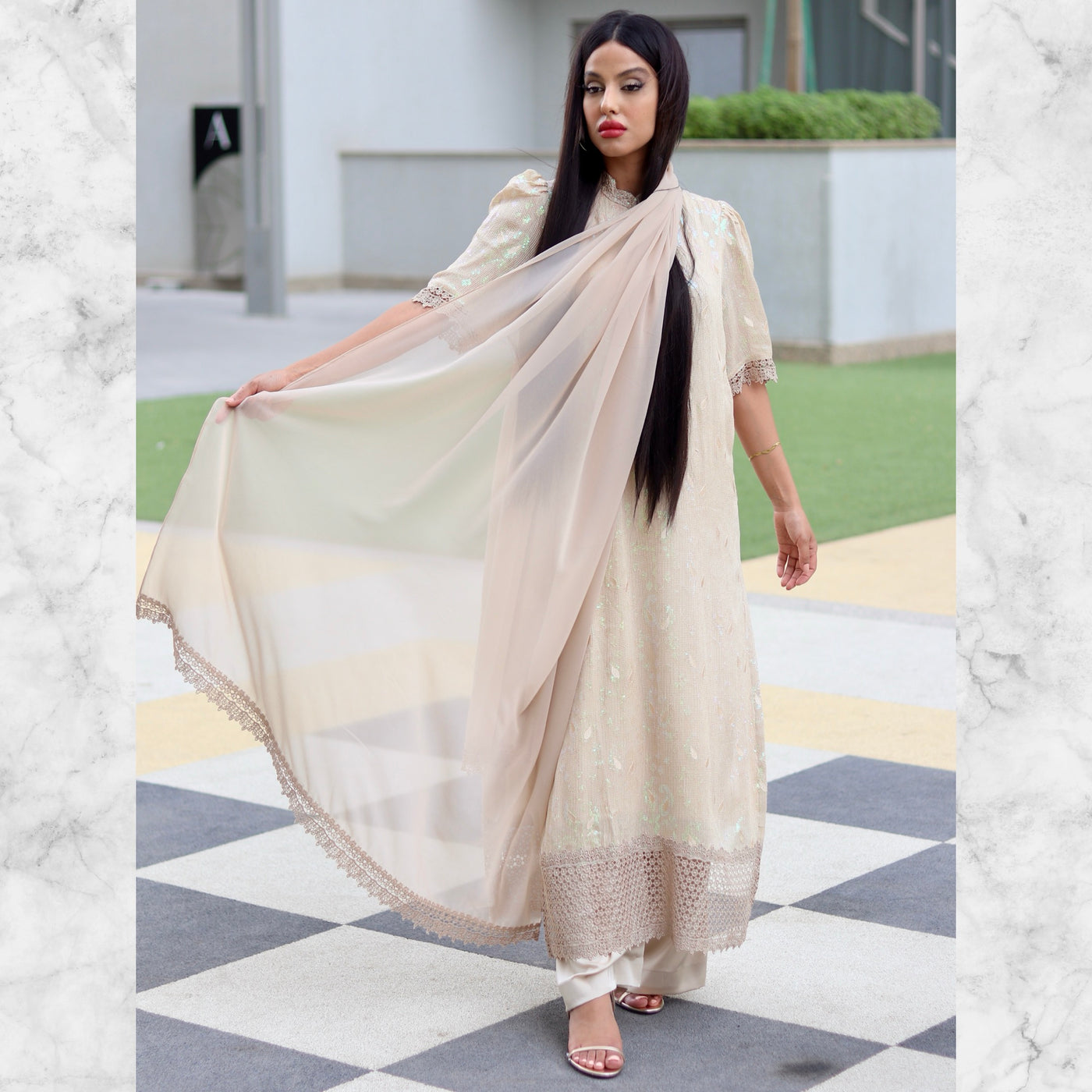 Echo Beige Satin kurta style Stitched 3 Pcs