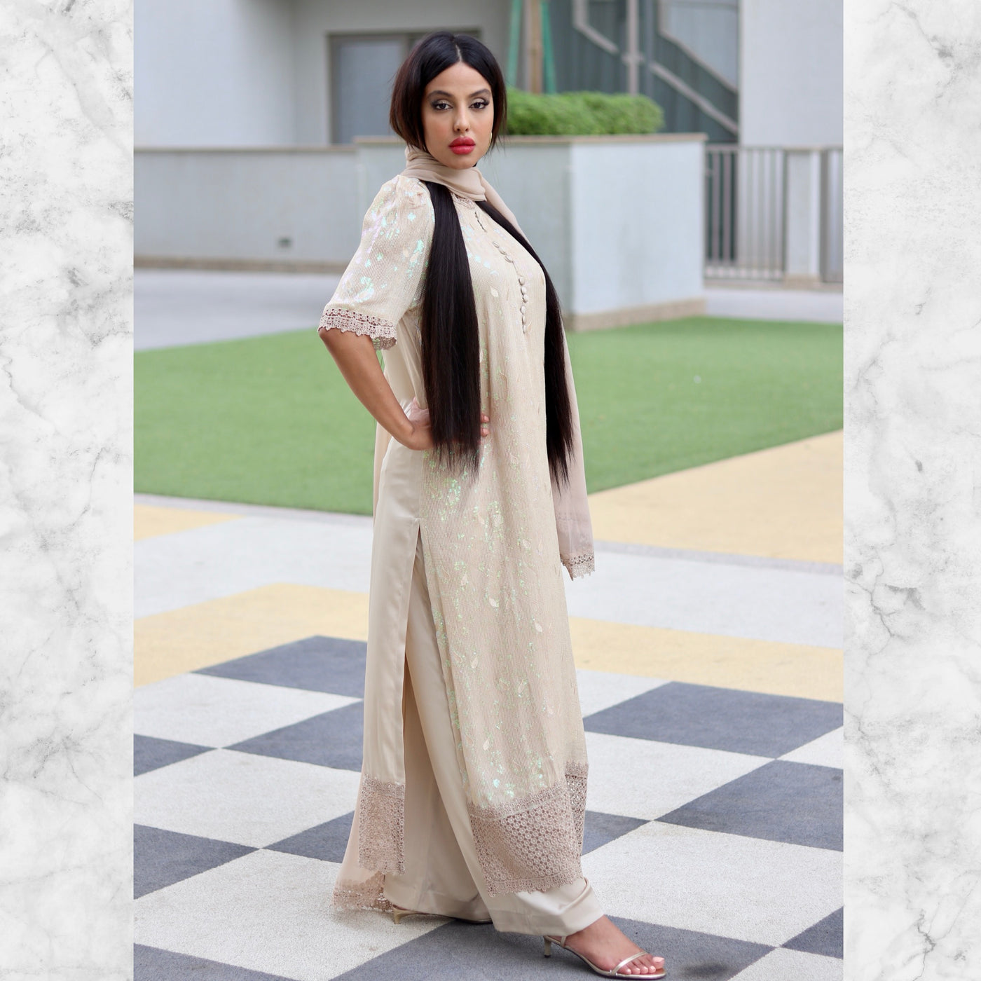 Echo Beige Satin kurta style Stitched 3 Pcs