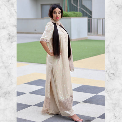 Echo Beige Satin kurta style Stitched 3 Pcs