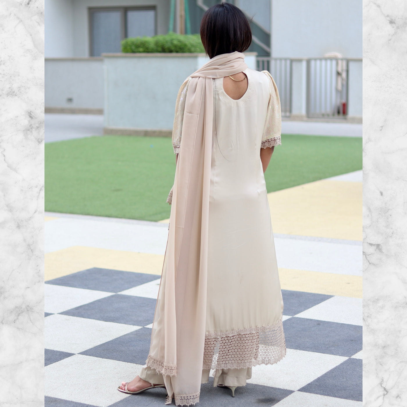 Echo Beige Satin kurta style Stitched 3 Pcs