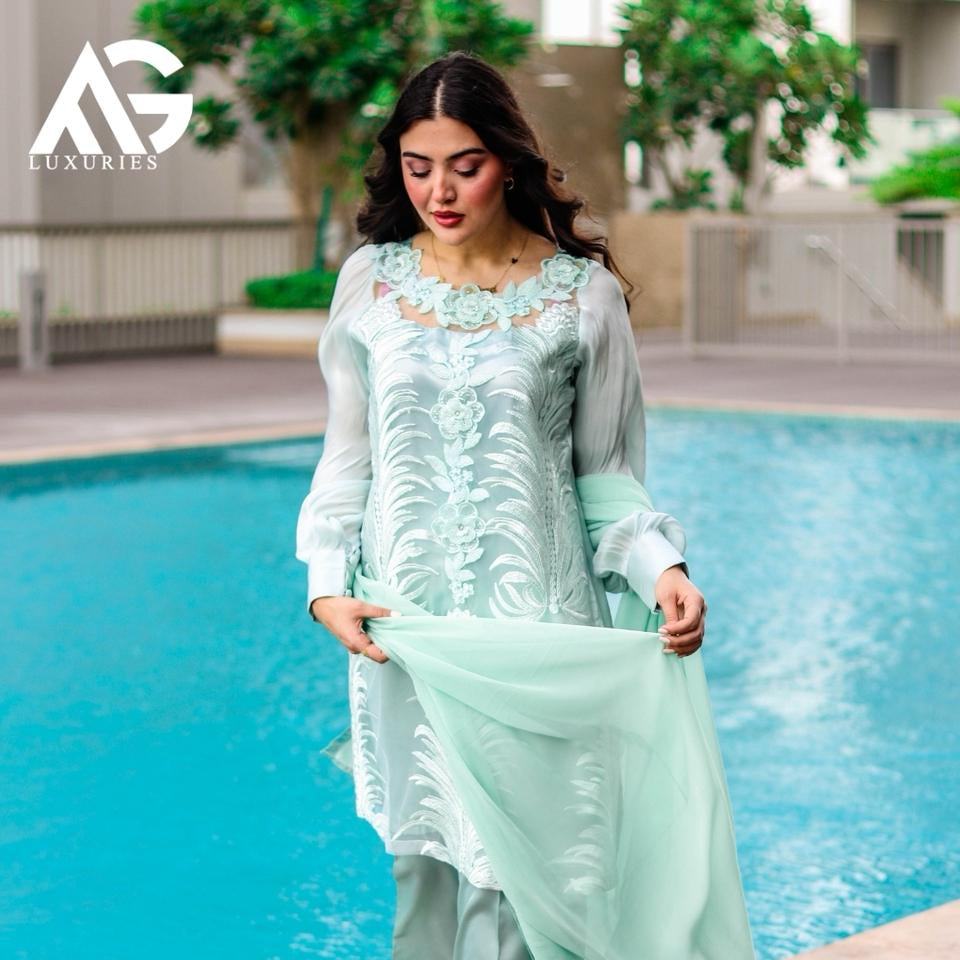 Light Sea Green Thread Embroidered Stitched 3 Pcs Set