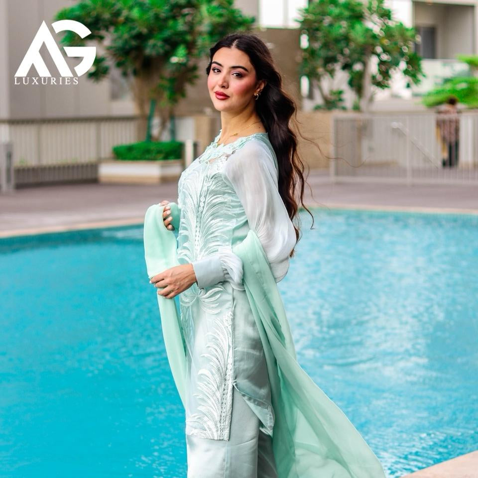 Light Sea Green Thread Embroidered Stitched 3 Pcs Set