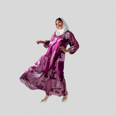 Luxury Purple Silk Chiffon with Gold Floral Lurex – Premium Fabric