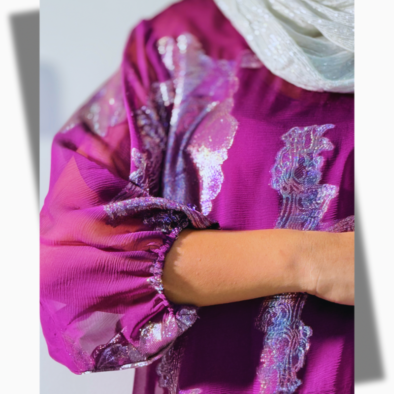 Luxury Purple Silk Chiffon with Gold Floral Lurex – Premium Fabric