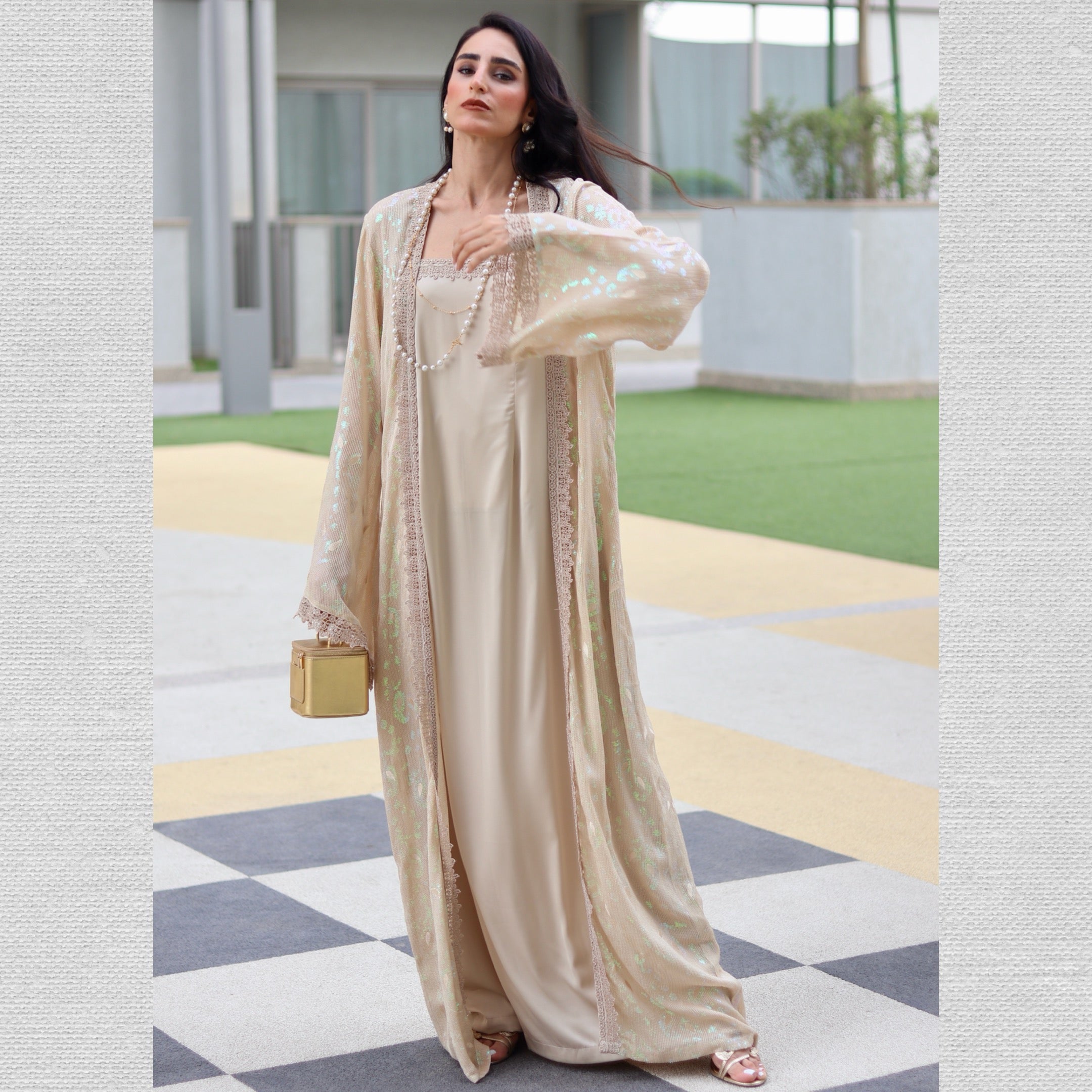 Layered Cape & Maxi Stitched 2 Pcs