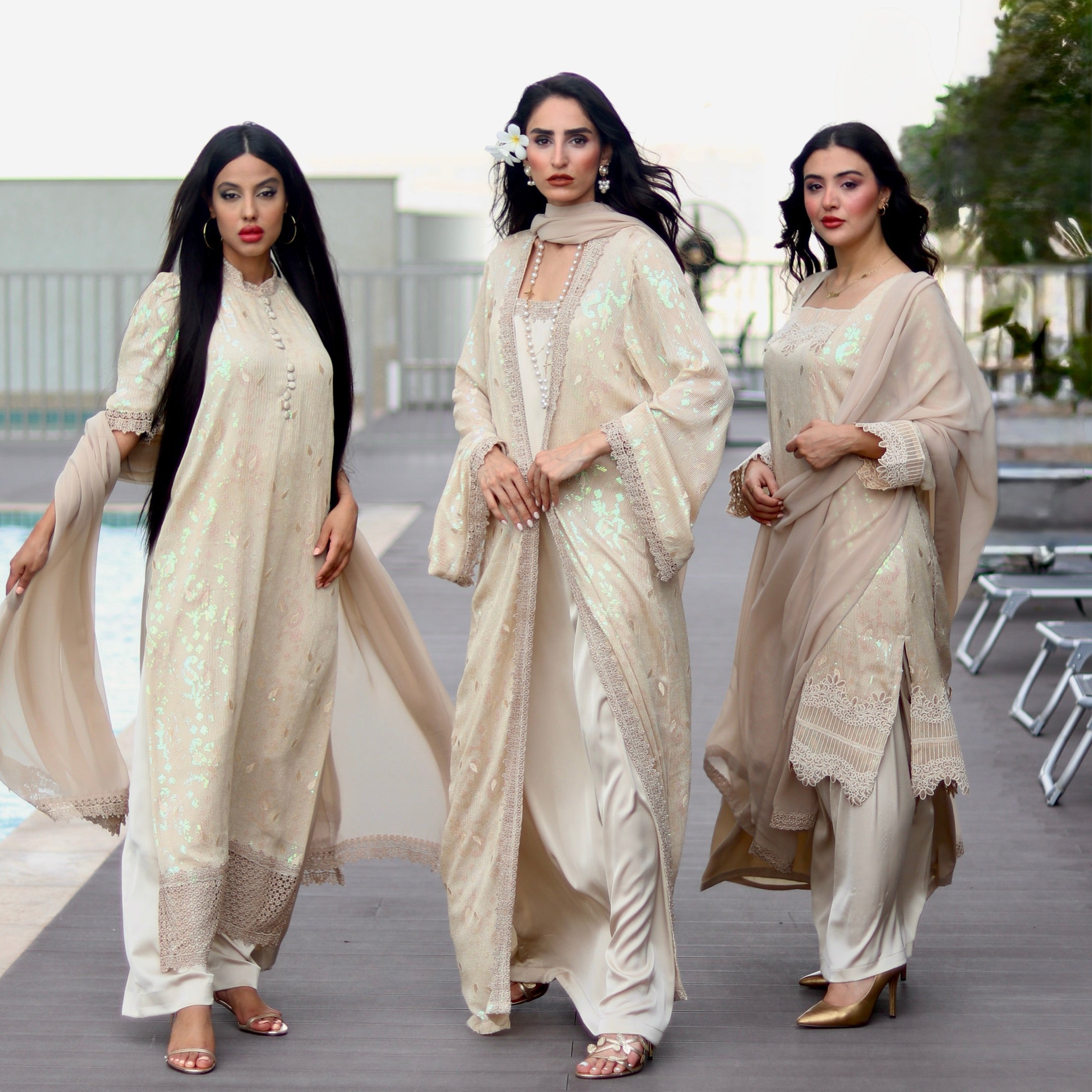 Echo Beige Satin kurta style Stitched 3 Pcs