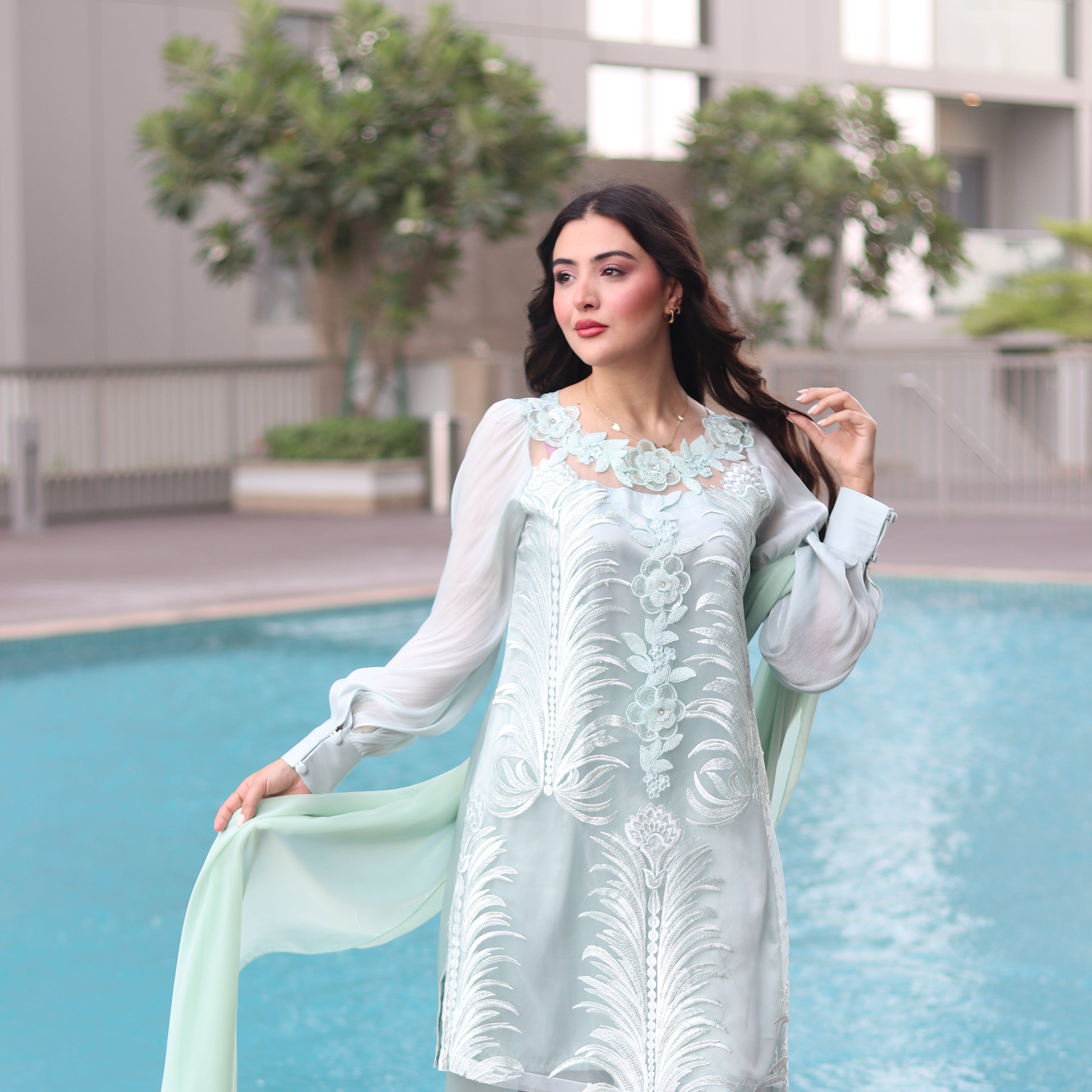 Light Sea Green Thread Embroidered Stitched 3 Pcs Set