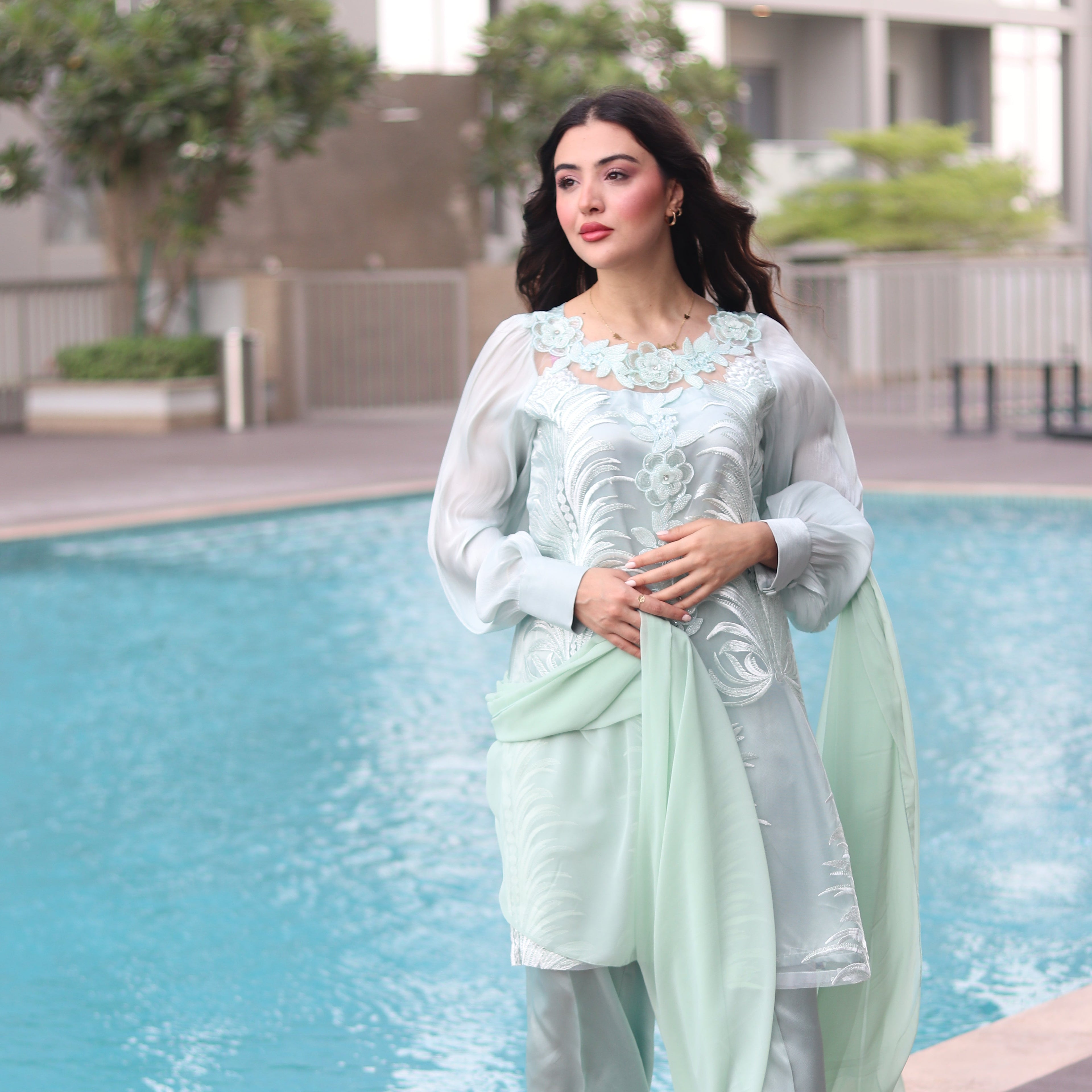 Light Sea Green Thread Embroidered Stitched 3 Pcs Set