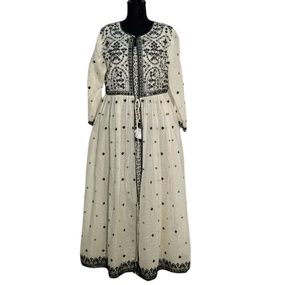 Mulmul Black and Cream Open Long Frock with Thread Work