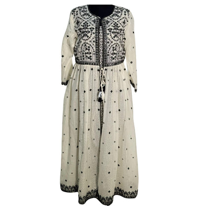Mulmul Black and Cream Open Long Frock with Thread Work