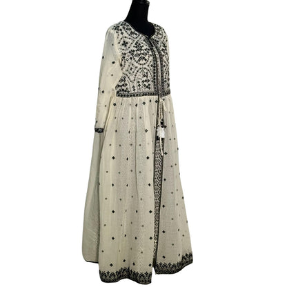 Mulmul Black and Cream Open Long Frock with Thread Work