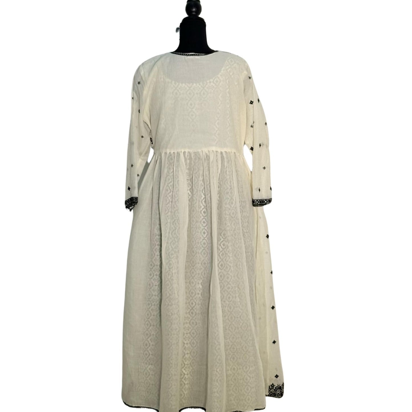 Mulmul Black and Cream Open Long Frock with Thread Work