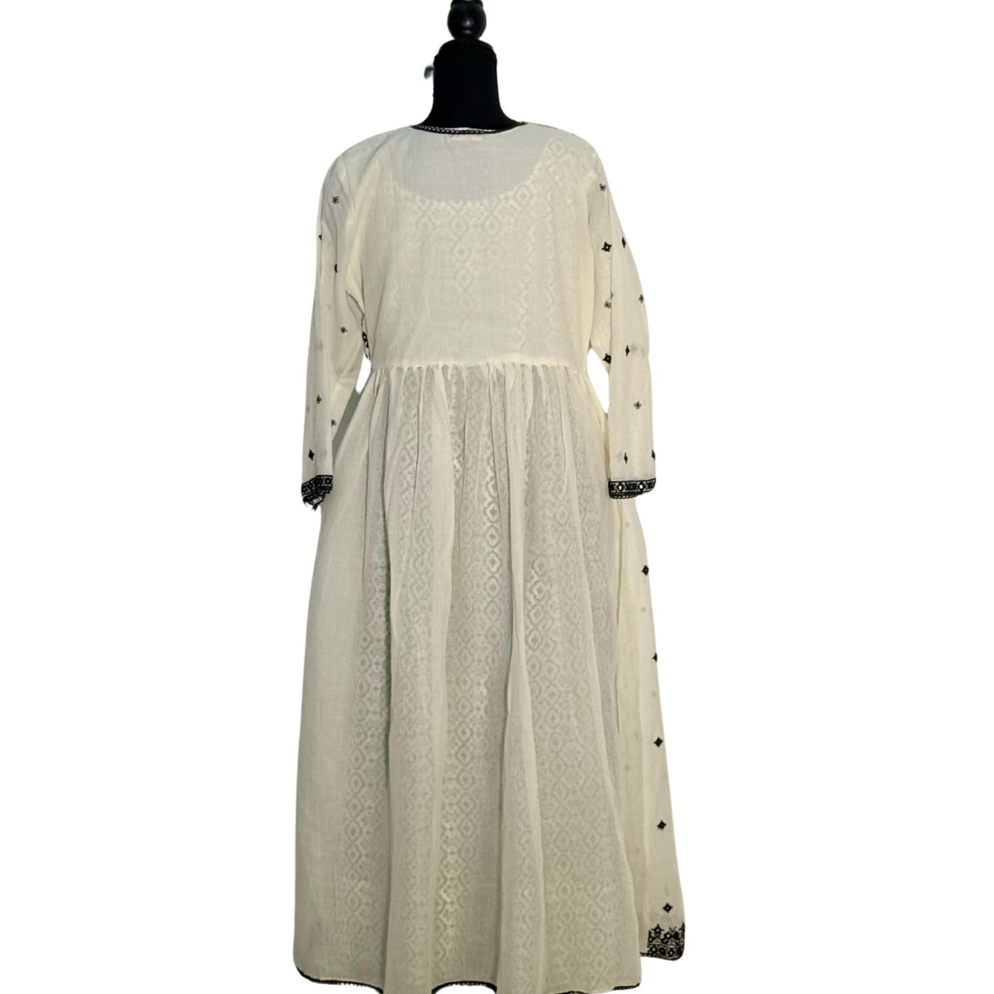 Mulmul Black and Cream Open Long Frock with Thread Work