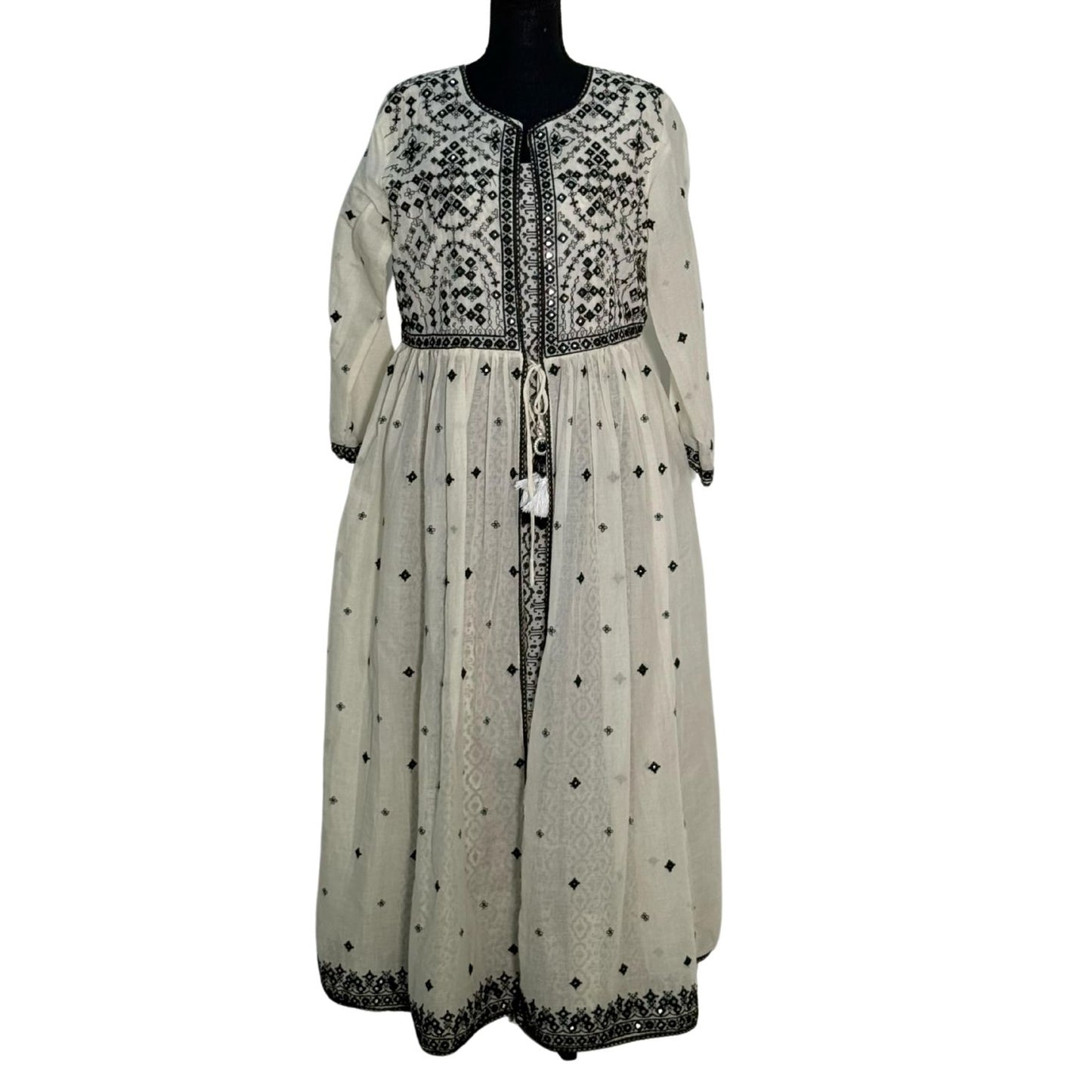 Mulmul Black and Cream Open Long Frock with Thread Work