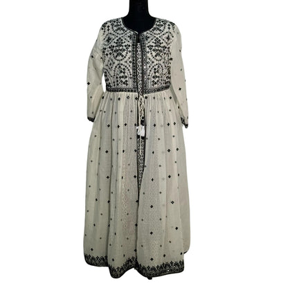 Mulmul Black and Cream Open Long Frock with Thread Work