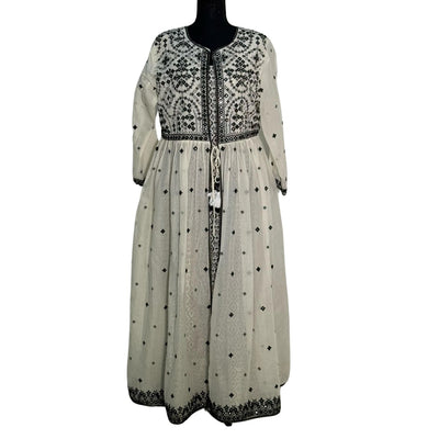 Mulmul Black and Cream Open Long Frock with Thread Work