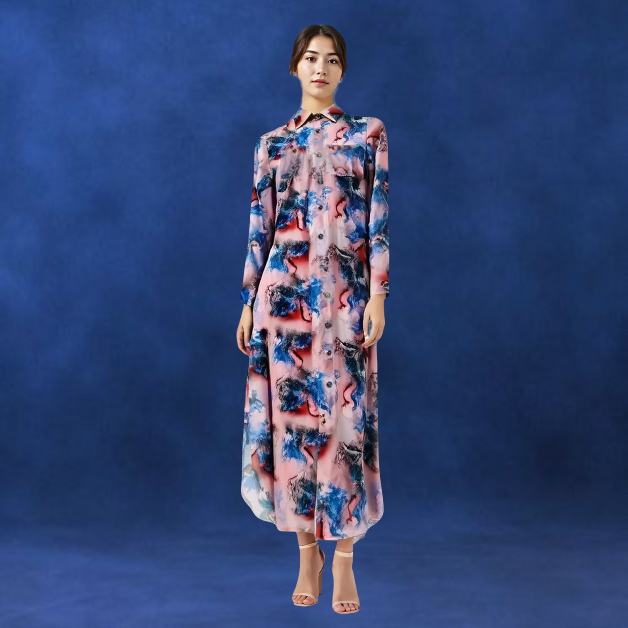Printed long shirt with Modest Button powered dress