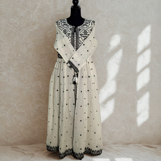 Mulmul Black and Cream Open Long Frock with Thread Work
