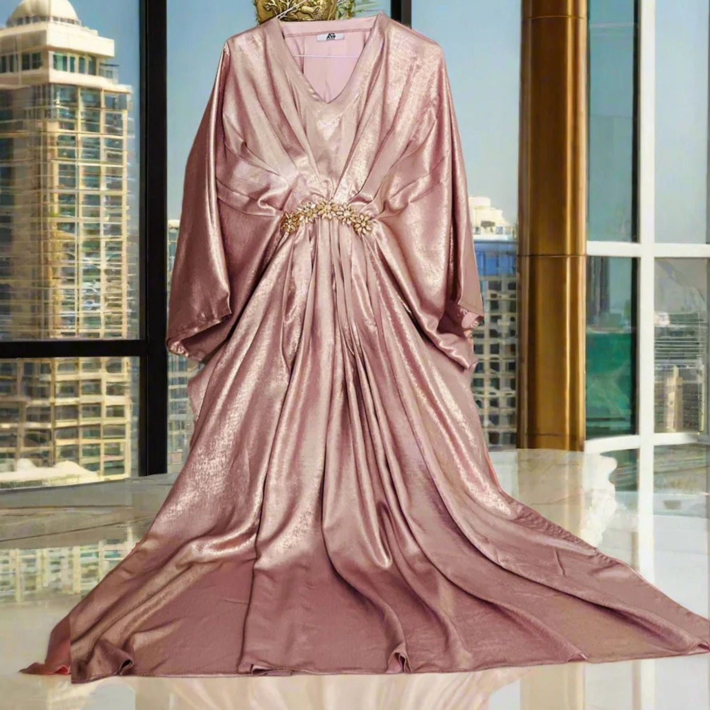 Peach Foil Zari Kaftan with Golden Motif