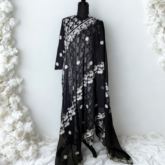 3 piece Black Chiffon Dress with White Embroidery and Silk Trouser