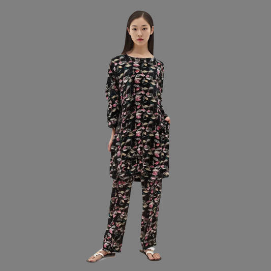 Black Floral Cotton Shirt with Trousers