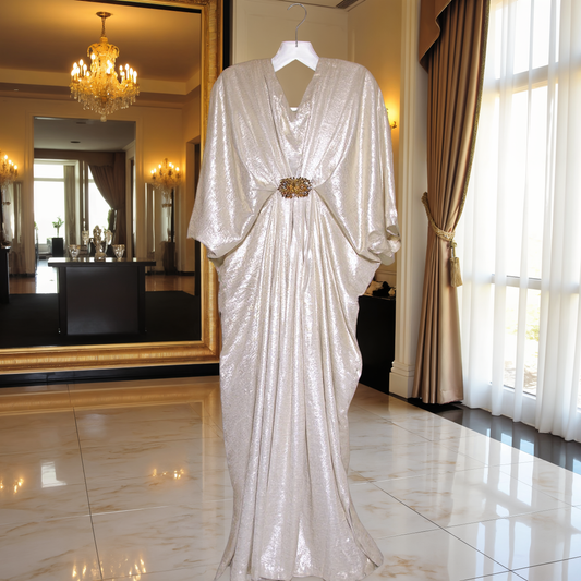 Silver V-Neck Kaftan with Motif